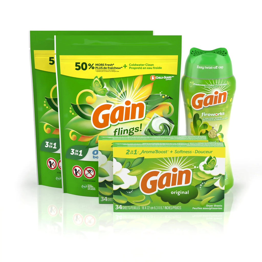 Gain Laundry Bundle: Gain Flings Laundry Detergent Pacs (2x31ct) Gain Dryer Sheets (2x34ct) Gain Fireworks Laundry Scent Booster Beads (12.2 oz)