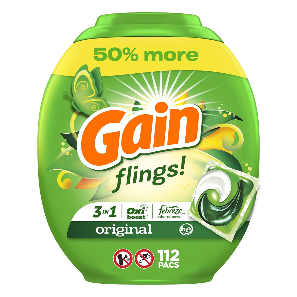 Gain Flings Laundry Detergent Pacs 112 Count Original Scent 3 in 1 HE Detergent Pacs with Oxi Boost and Febreeze